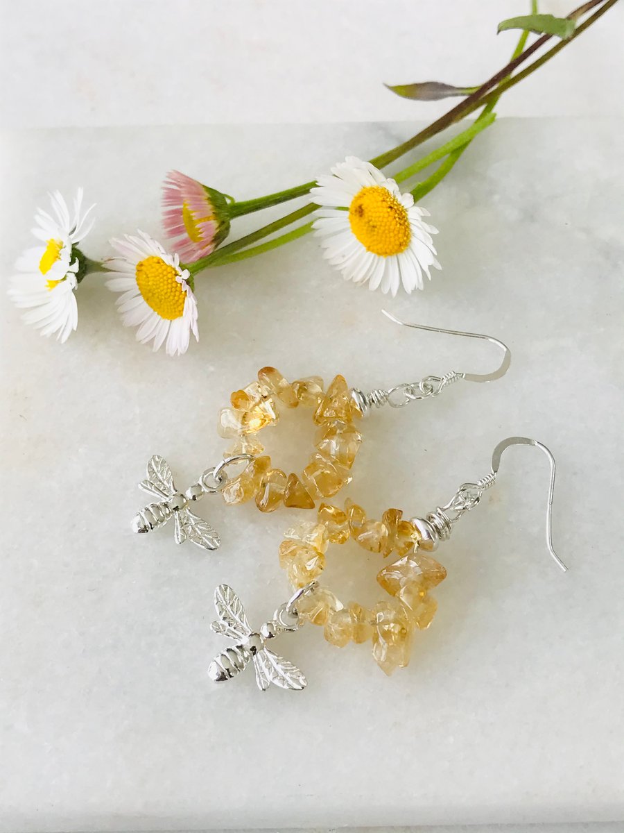 Handmade Citrine And Sterling Silver Bee Earrings, gift for her 