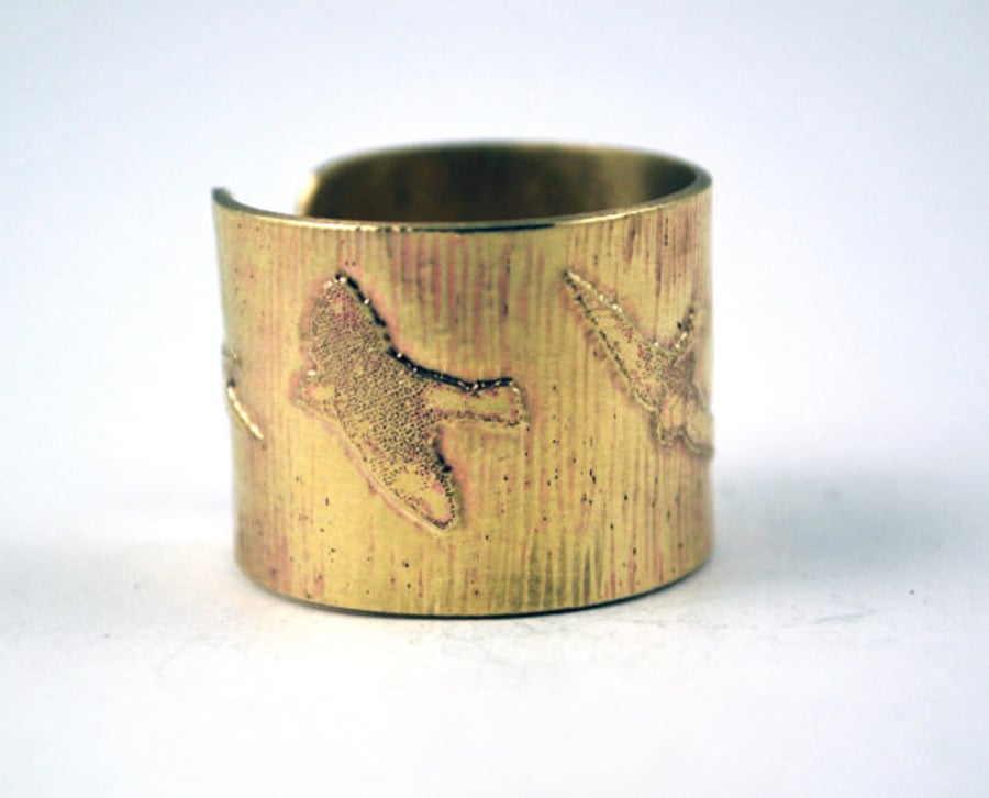 Etched Brass Bird Ring - Adjustable size