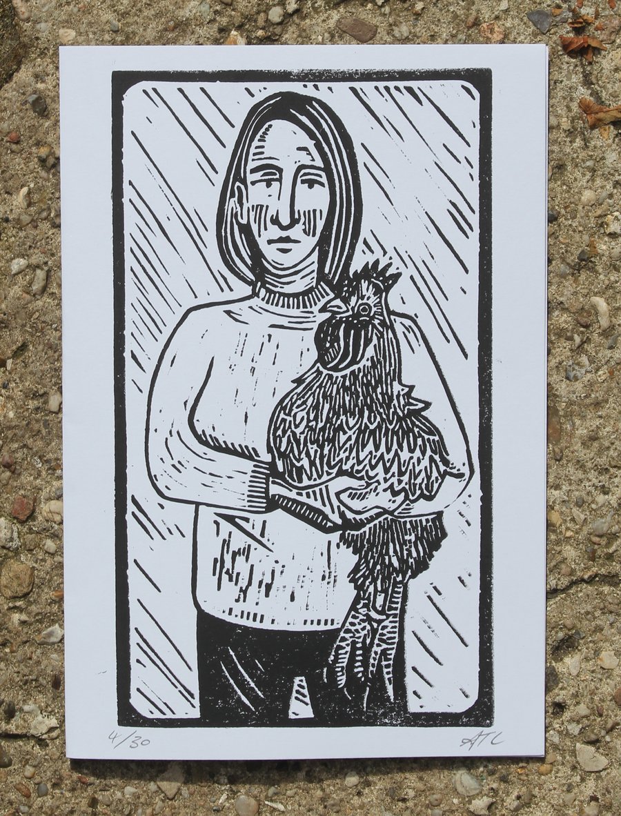 Woman and Orpington Cockerel Hand Printed Lino Cut Blank Card