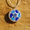 Beach glass mosaic pendant with blue flower