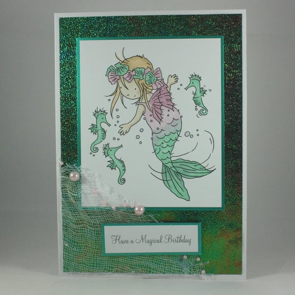Handmade child's birthday card - pretty mermaid
