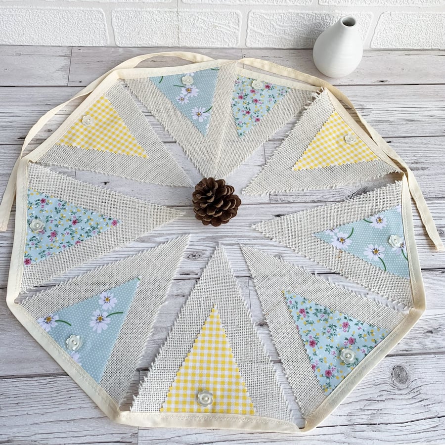 Cream Hessian and Mint Green Floral Print Fabric Bunting