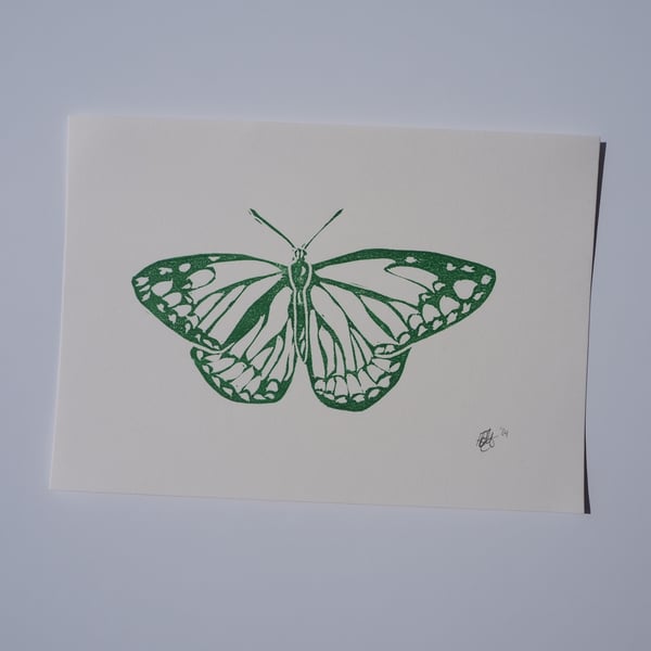 Butterfly Handprinted Original Block Print in Green