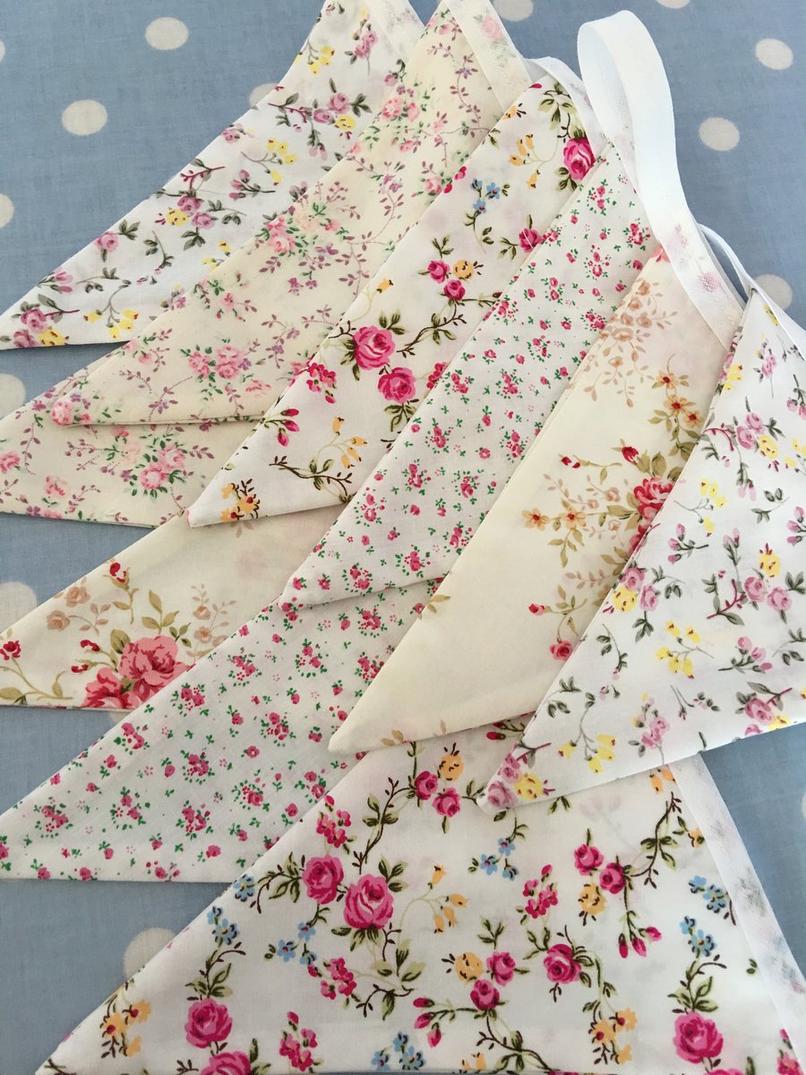 10 ft floral shabby chic cotton fabric bunting, banner, wedding,party flags