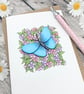 Blue Butterfly & Small Flowers Card - Blank - Birthday- Any Occasion - Image 2