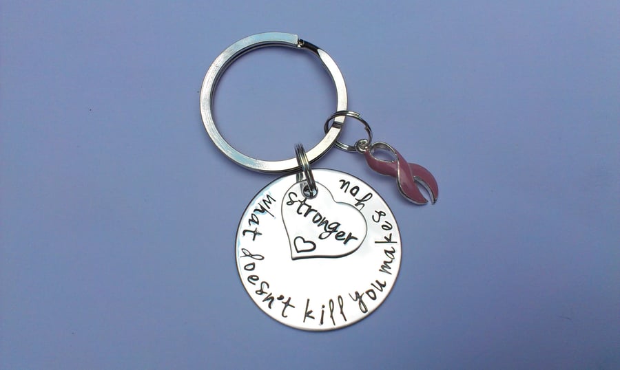 What doesn't kill you makes you stronger awareness ribbon Hand Stamped keyring
