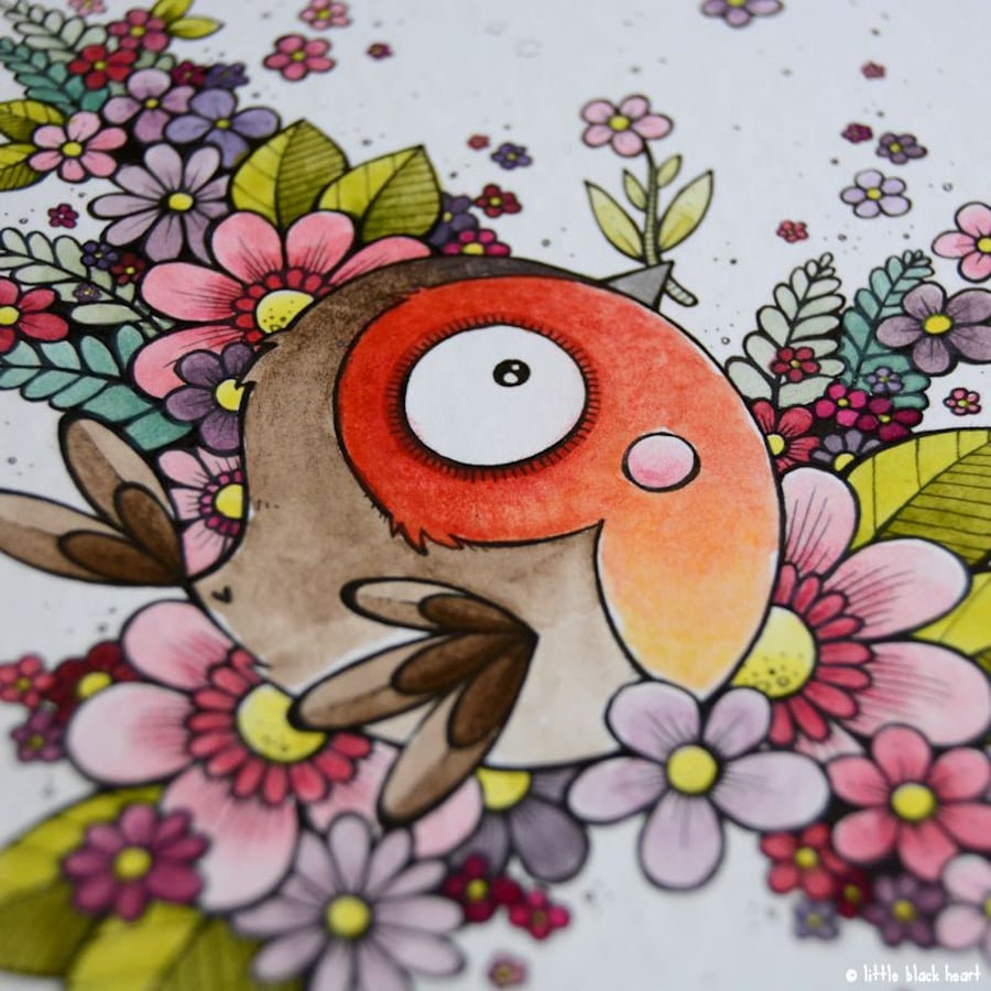 flowering robin - original A6 illustration