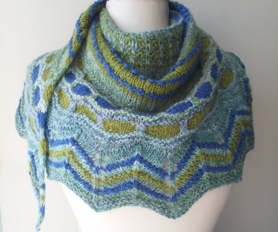 Shawl, Handspun Knitted Blues & Greens, Semicircular, Unique Design, Pure Wool