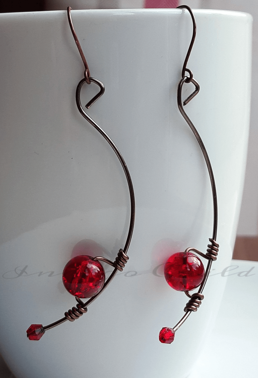 Earring Bronze Memory Wire Earrings With Red Crackle Glass Bead