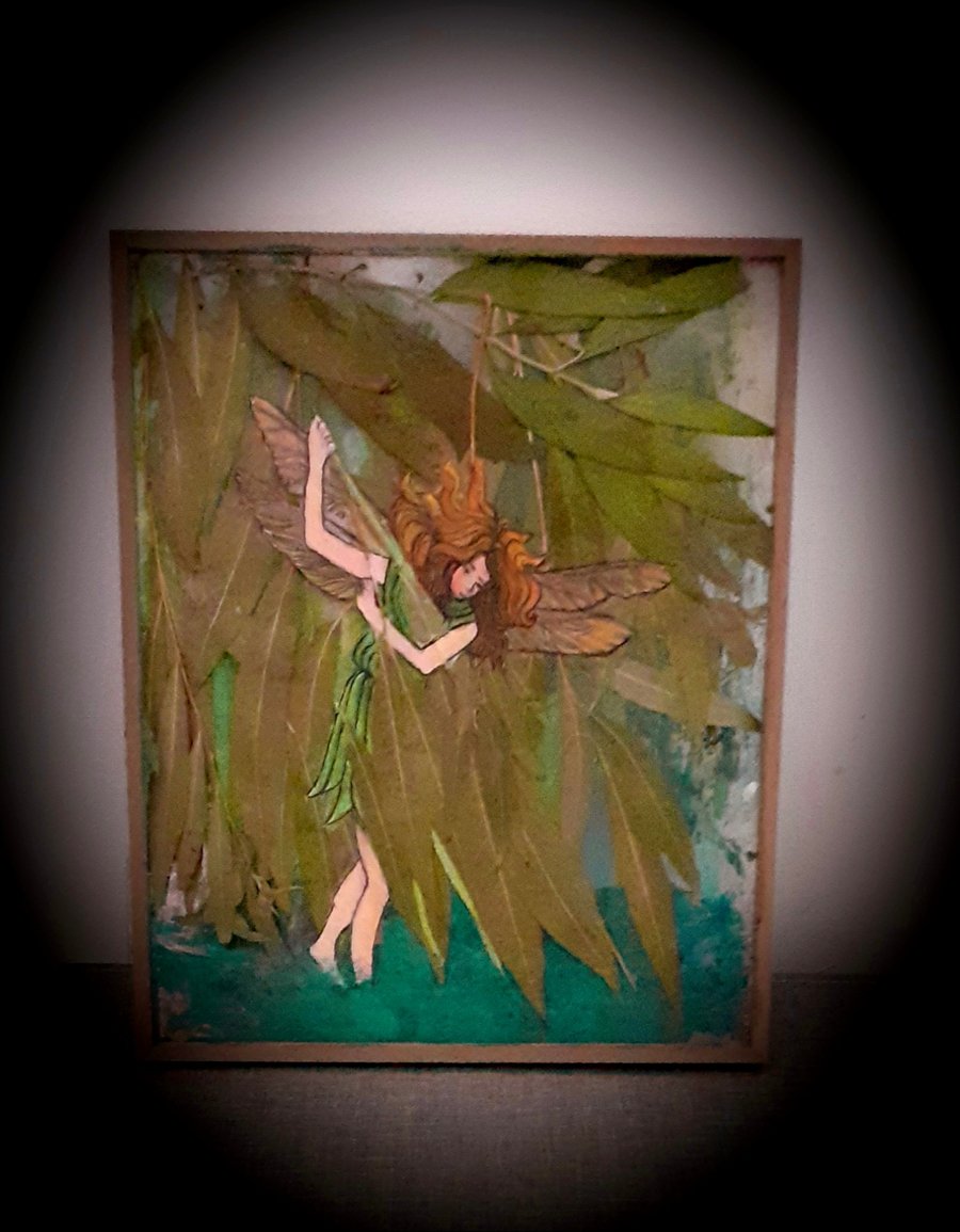 "The Willow Fairy" acrylic painting with real pressed weeping willow leaves  