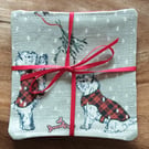Set Of 4 Christmas Scottie Dog Coasters. Festive Fabric Drinks Mats