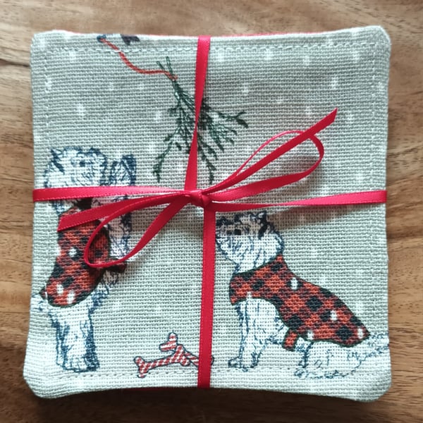 Set Of 4 Christmas Scottie Dog Coasters. Festive Fabric Drinks Mats