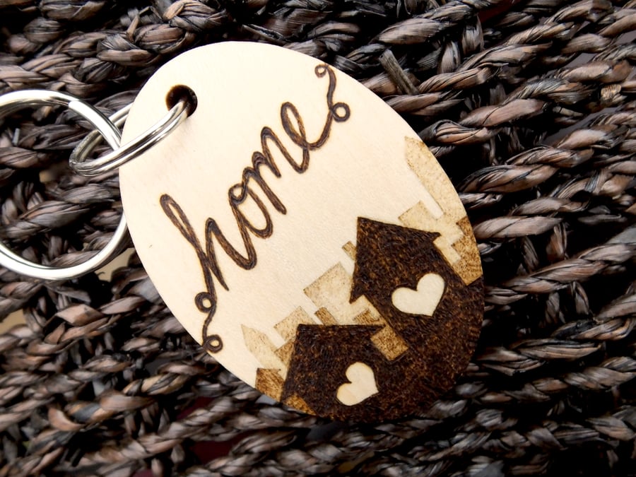 Home is Where the Heart is Pyrography Keyring