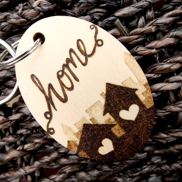Home is Where the Heart is Pyrography Keyring - Folksy