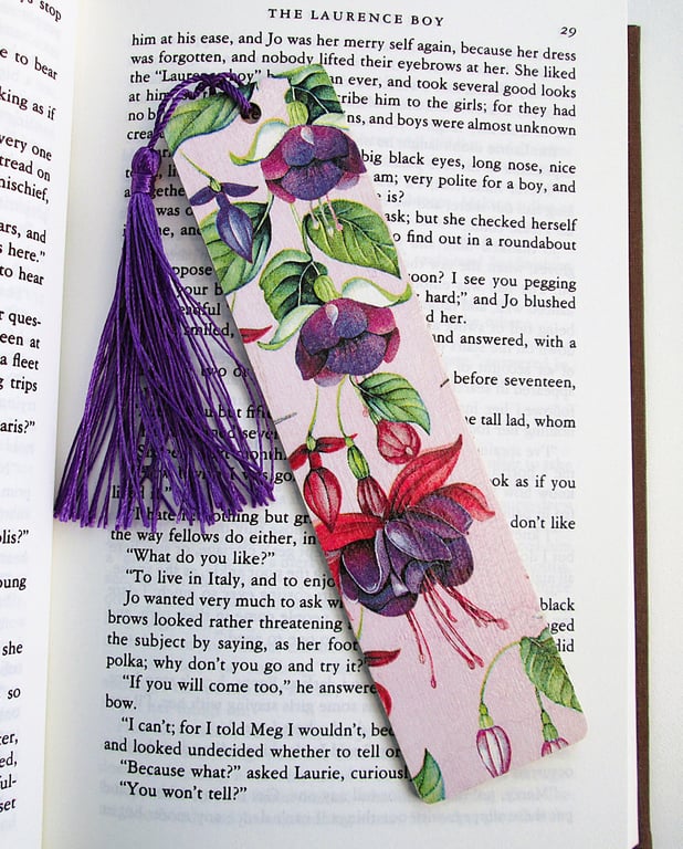 Fuchsia flowers wood decoupage bookmark with tassel