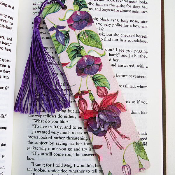 Fuchsia flowers wood decoupage bookmark with tassel
