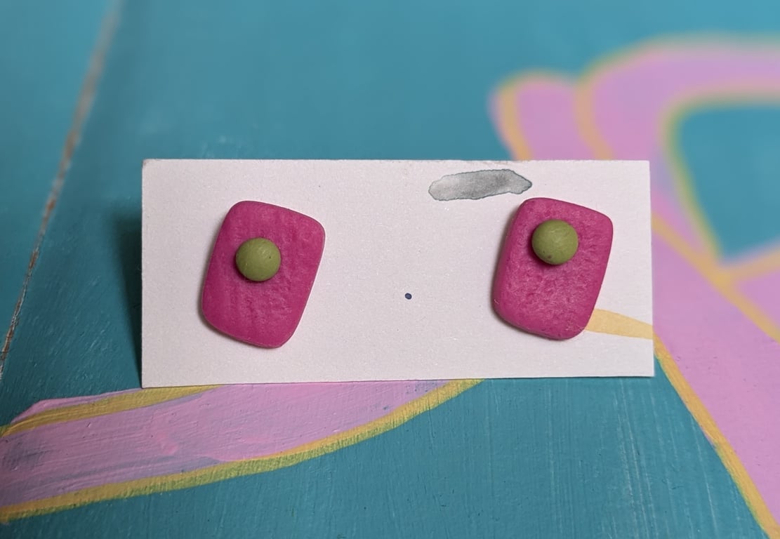 Pink and green rectangular textured earrings