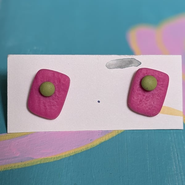 Pink and green rectangular textured earrings
