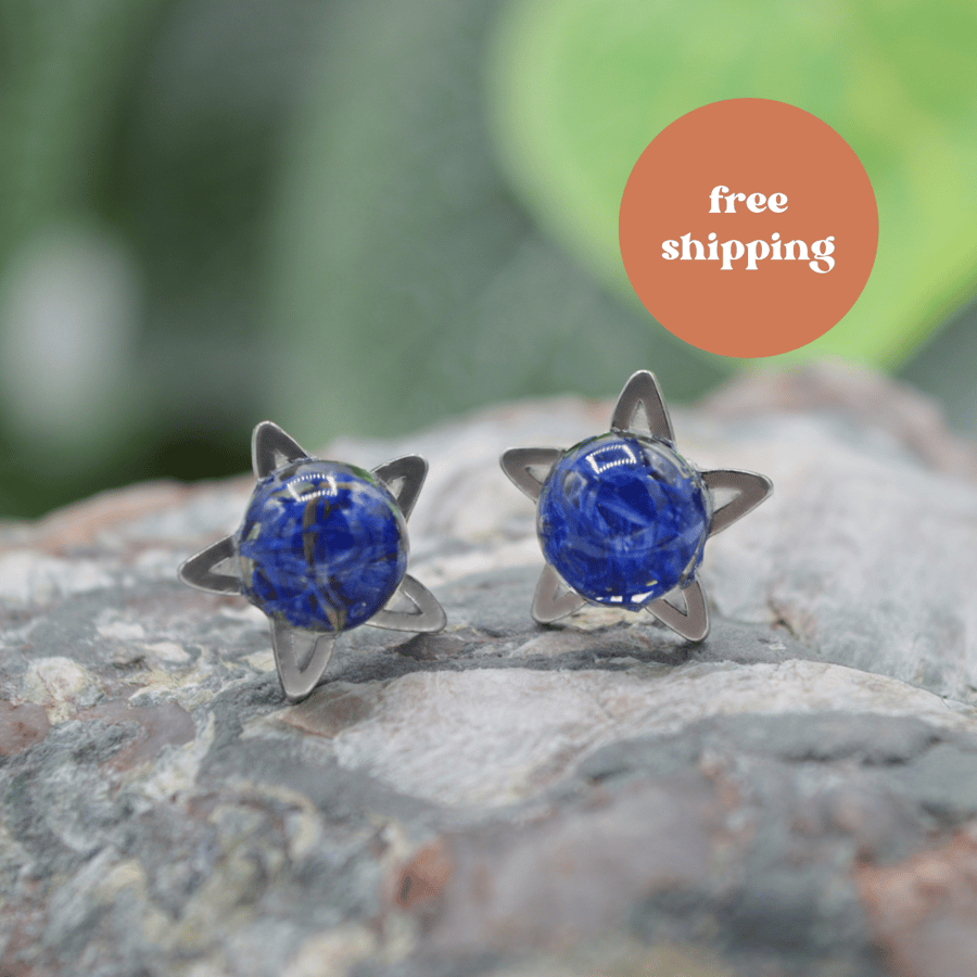 Blue Cornflower Petal Star Stud Earrings - Free Postage