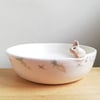 Ceramic bunny bowl with tiny rabbit carrots & paw prints feeder 4 mini pet lover