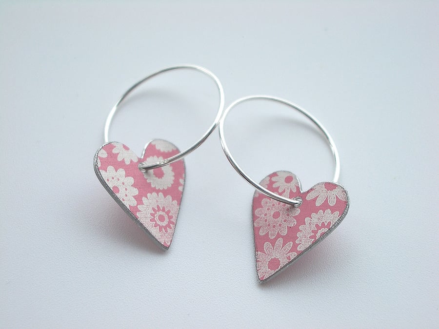 Heart hoop earrings in pink with ditsy flower print