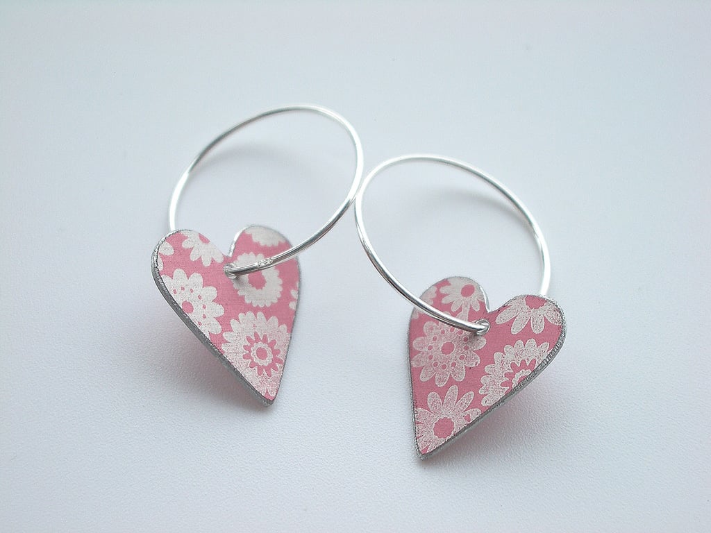 Heart hoop earrings in pink with ditsy flower print