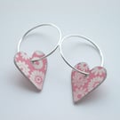 Heart hoop earrings in pink with ditsy flower print