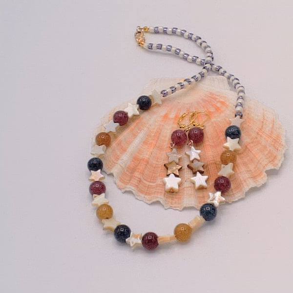 Necklace & Earrings with Dyed Jade Shell Stars and Seed Beads, Gift for Her