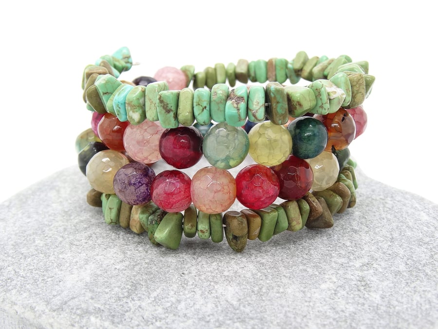 Faceted Agate Wrap Bracelet, Multi Coloured Bracelet, Boho Bracelet.