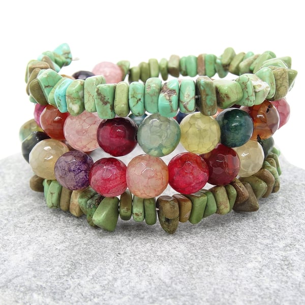 Faceted Agate Wrap Bracelet, Multi Coloured Bracelet, Boho Bracelet.