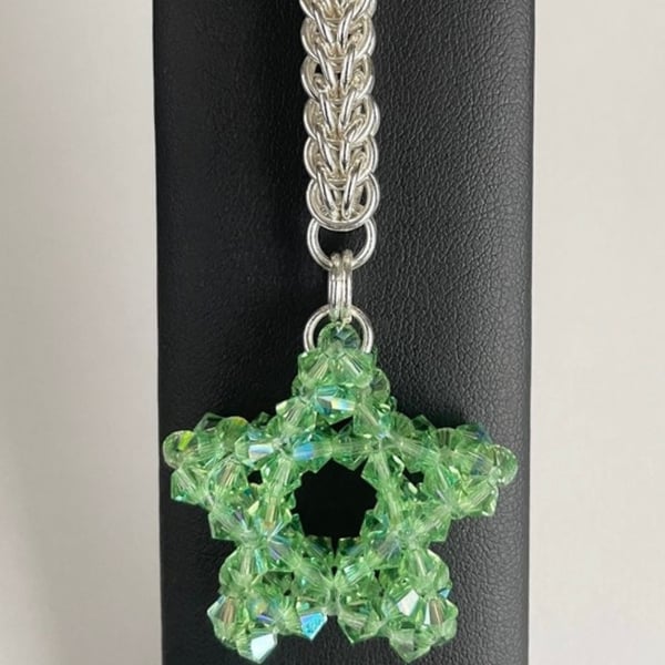 Handbag Charm, Crystal Green Shimmer Open Star, Keychain with Chainmaille Chain