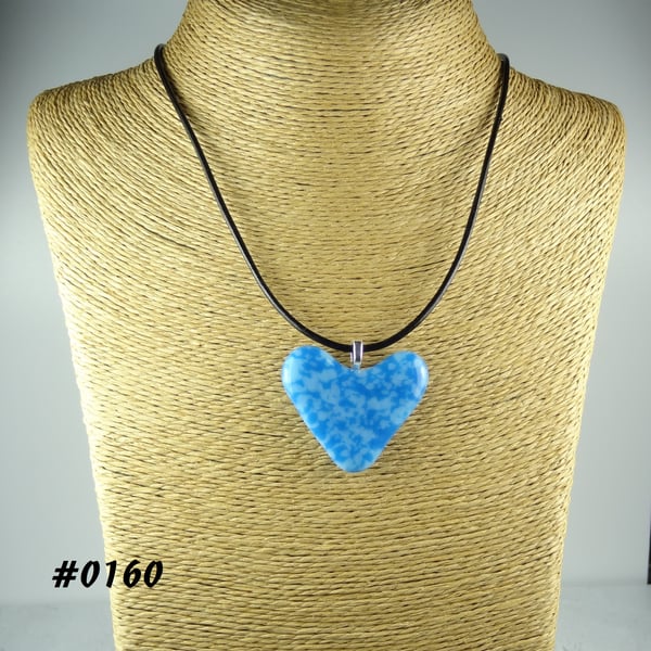 Blue handcrafted fused glass heart pendant on a black leather cord (0160)