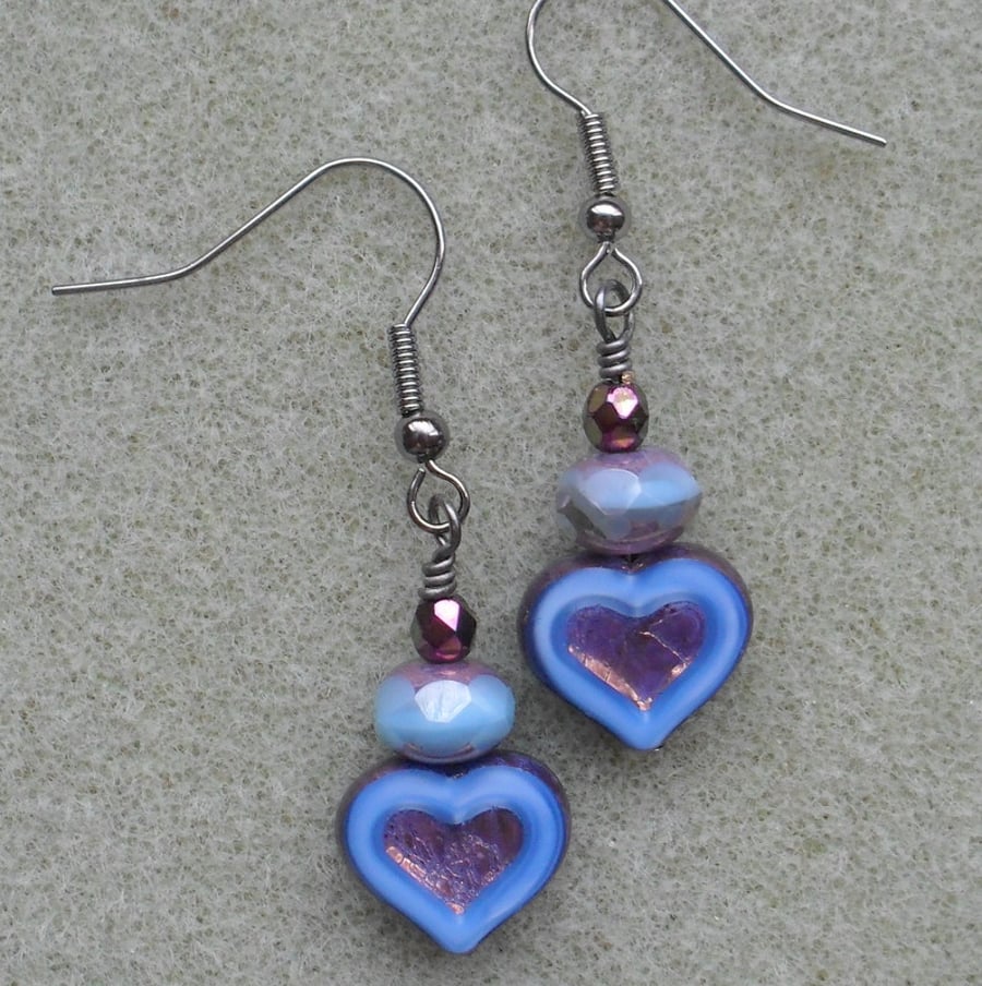 Vintage Blue Heart Czech Glass Drop Earrings