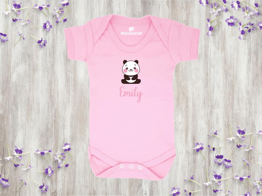 Cute Panda Baby Bodysuit Babygrow, Personalised Baby Vest With Name