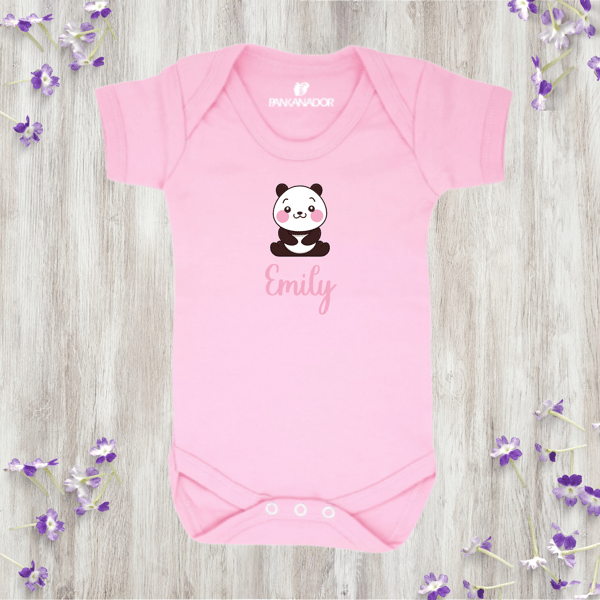 Cute Panda Baby Bodysuit Babygrow, Personalised Baby Vest With Name