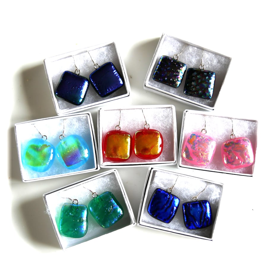Earrings Dichroic Glass Fused 2cm aSet 6 unqiue OOAK handmade Sterling silver 