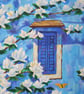 Original Blue Floral Acrylic Painting on Canvas, White Blossoms, 30 x 40 cm - Image 2