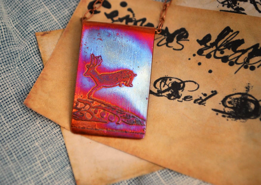 Etched copper pendant - stag pendant - copper pendant on brass chain