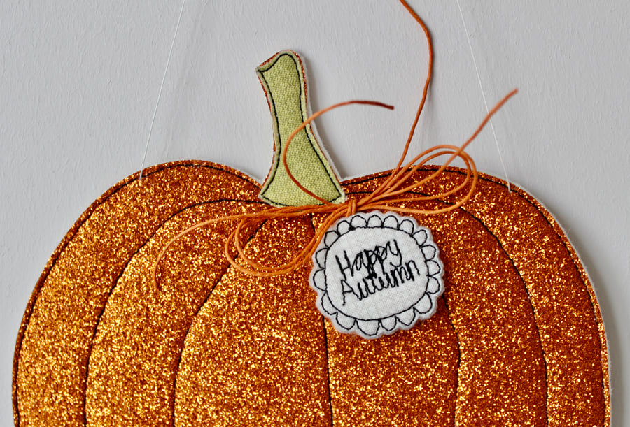 'Happy Autumn' Glittery Pumpkin - Hanging Decoration