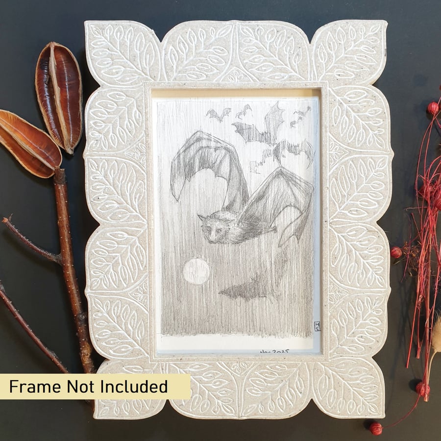 Fruit bat original drawing, small letterbox art gift, small artwork