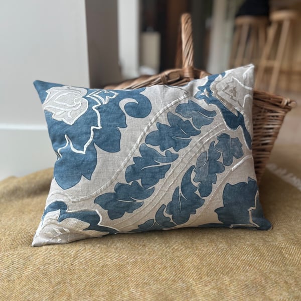 Inky blue printed and embroidered linen cushion cover