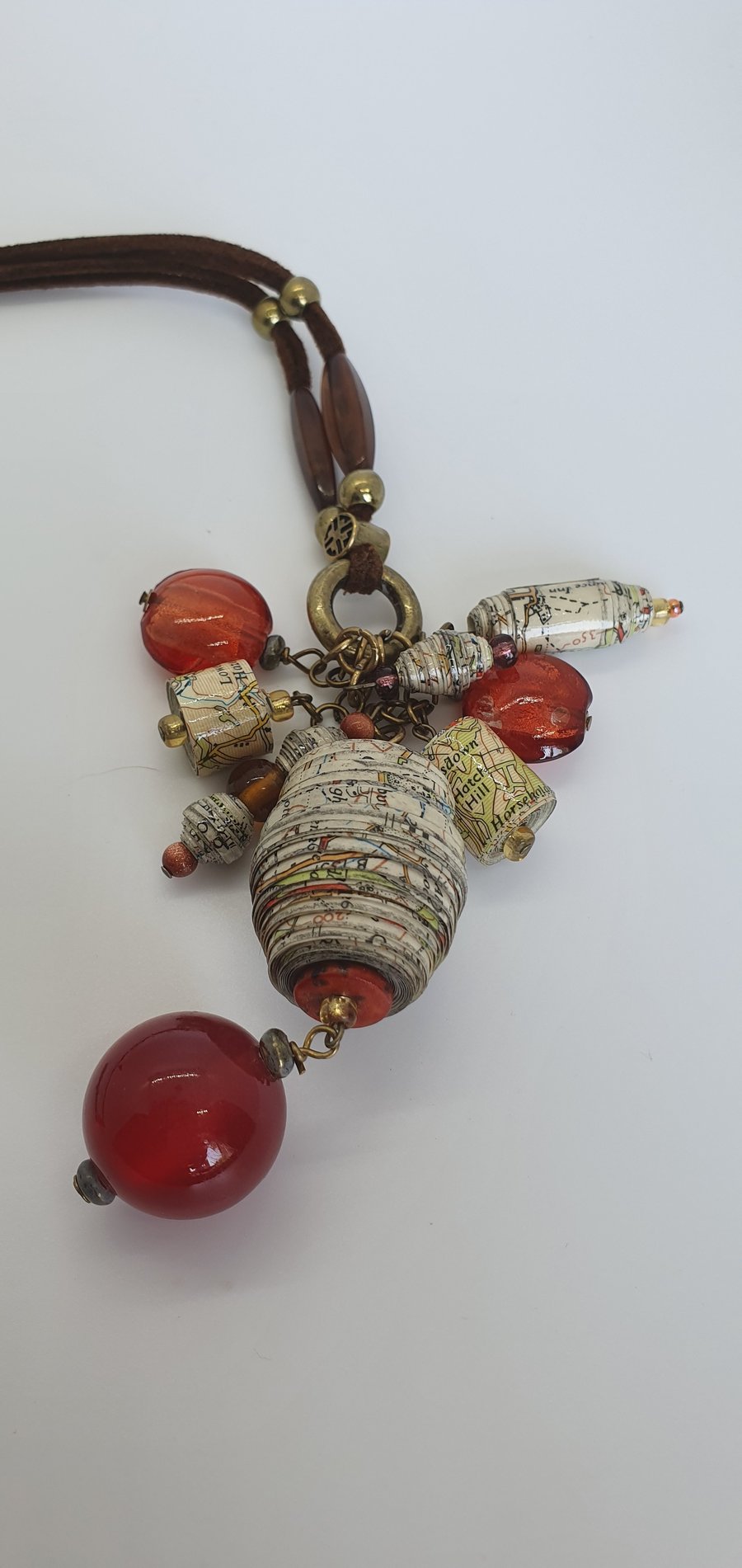 Rope necklace with paper beaded pendants made of old maps