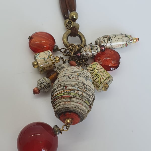 Rope necklace with paper beaded pendants made of old maps