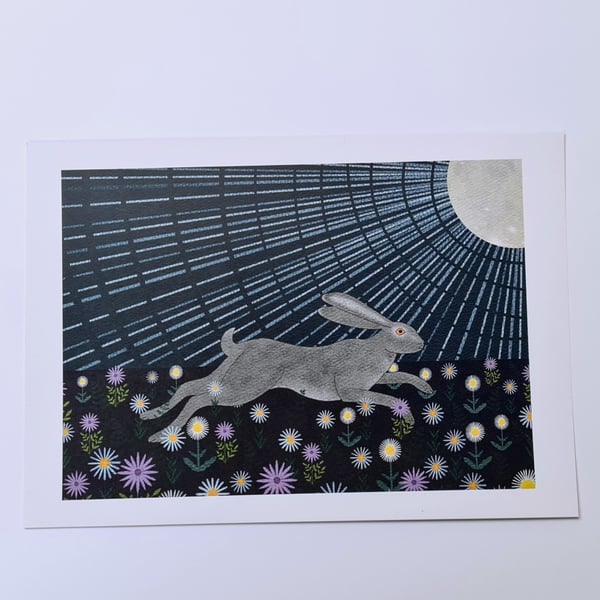 Hare Running in a Moonlit Sky A5 Blank Greetings Card