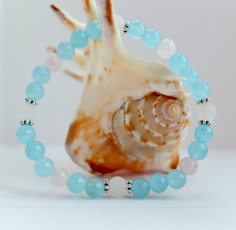 Aquamarine Jade, Frosted White Jade And Rose Quartz Bracelet - Handmade In Devon