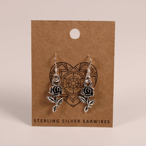 Rose Flower Drop Dangle Earrings with 925 Sterling Silver Earwires
