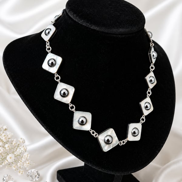 Dyed shell and Haematite bead rosary link necklace