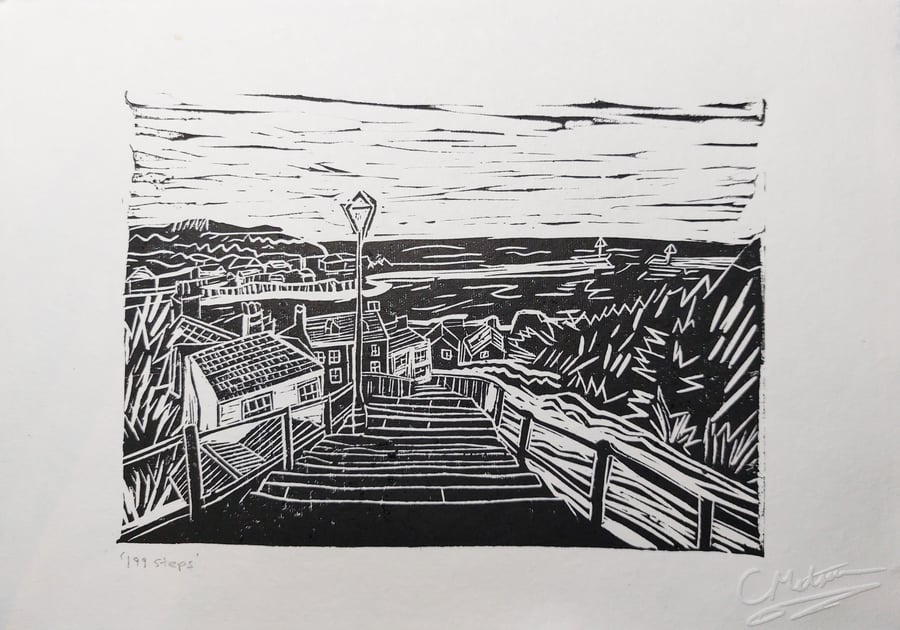 Whitby '199 steps' - A4 black lino print