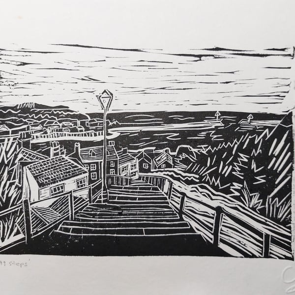 Whitby '199 steps' - A4 black lino print