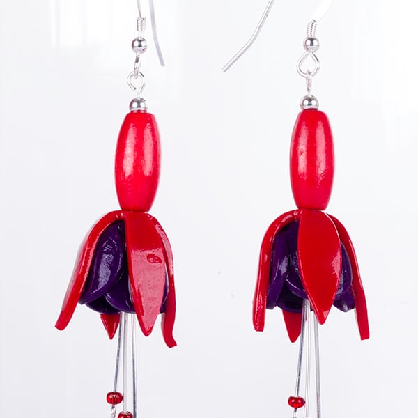 Fuchsia flower earring, red & purple